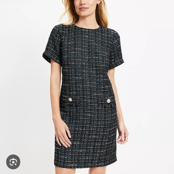 LOFT Dresses & Skirts - LOFT Metallic Tweed Fring Pockets Mini Dress - Black